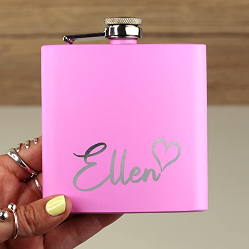 eBuyGB Pink Personalised Girls Stainless Steel 6 oz Hip Flask - Laser Engraved Wedding, Bridesmaid, Brides, Birthday Gift - Customise with Any Name
