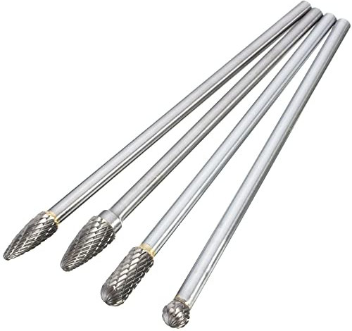 Mesee Ensemble de 4 Fraises Rotatives Double Coupe en Carbure de Tungstène 6mm Tige Fraise Lime Rotative Bois Tête de Meulage pour Bricolage Gravure Polissage Sculpture (154-160mm)