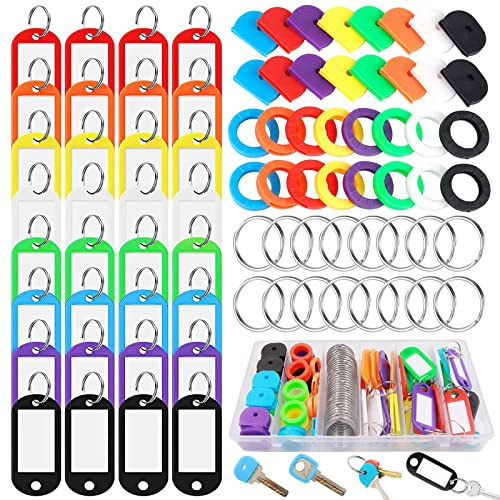 xianzhanEU Porte Clef Etiquette, 4 Modèles, 8 Couleurs, 128 Pcs | Porte Clés Inscriptibles avec Boîte pour Étiquettes à Bagages et Identification des Clés