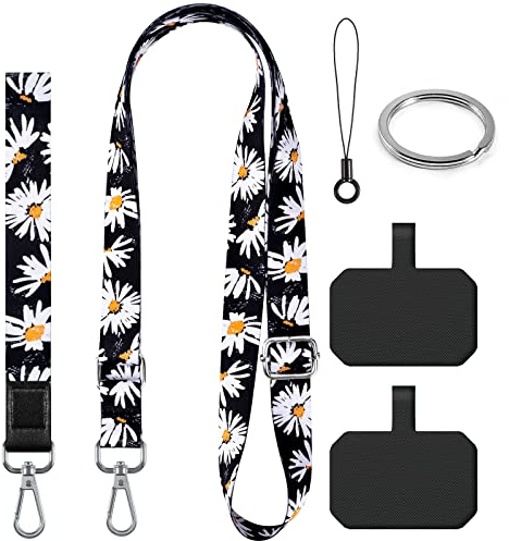 DGHYDZ Cell Phone Lanyard, Phone Lanyard Crossbody, Wrist Strap, lanyards for Keys, Universal Adjustable Shoulder Neck Straps for iPhone Case ID Badges and Most Smartphones (Black daisies)