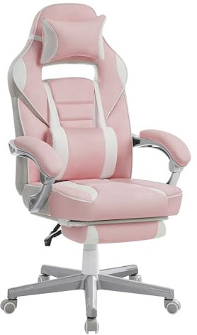 SONGMICS Gaming-Stuhl, Bürostuhl mit Fußstütze, Schreibtischstuhl mit Kopfstütze und Lendenkissen, höhenverstellbar, ergonomisch, bis 150 kg belastbar, pastellrosa OBG073P01