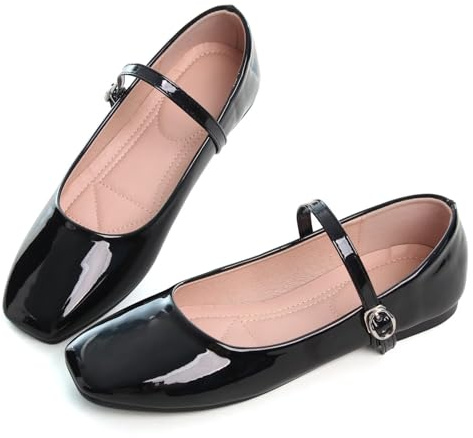 Hee grand Womens Mary Jane Shoes Patent Leather Dress Shoes Square Toe Buckle Strap Ballet Flat Comfortable Walking Shoes,Black 8.5