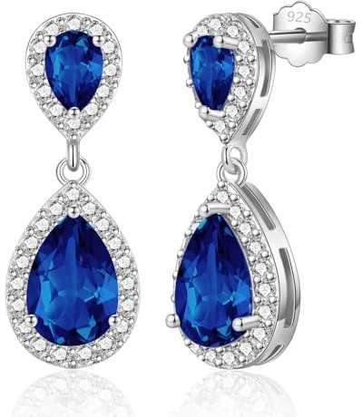 USEEDOVIA Ohrringe Blau Tropfen Glitzer Ohrstecker AAA Zirkonia Stecker Silber 925 Wassertropfen Dunkelblau großer Anhänger Weiß Vergoldet Hochzeit Schmuck Braut Wedding Bride