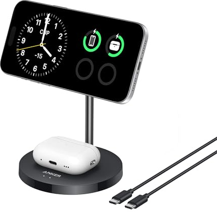 Anker MagGo 15W Magsafe Ladegerät kompatibel, 2-in-1 Induktive Ladestation, Qi2 Wireless Charger für iPhone 17/16/15/14/13/12, AirPods Pro, Mit 1,5m USB C Kabel, ohne Netzteil