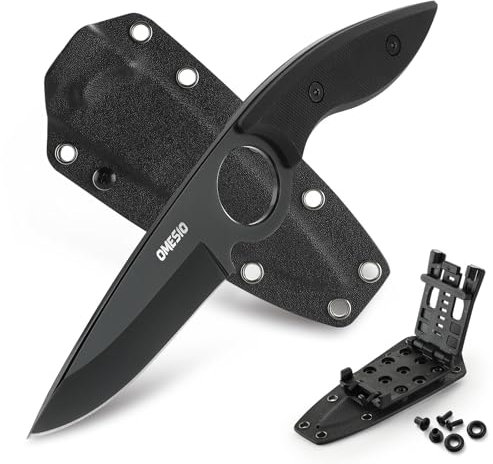 Omesio Cuchillo Grande Outdoor 5cr13mov Acero Espiga Completa - Hoja Fija 8,5 Cm - Cuchillo De Cinturón Grande Con Mango Ergonómico G10 - Incluye Funda Kydex Y Clip(Negro)