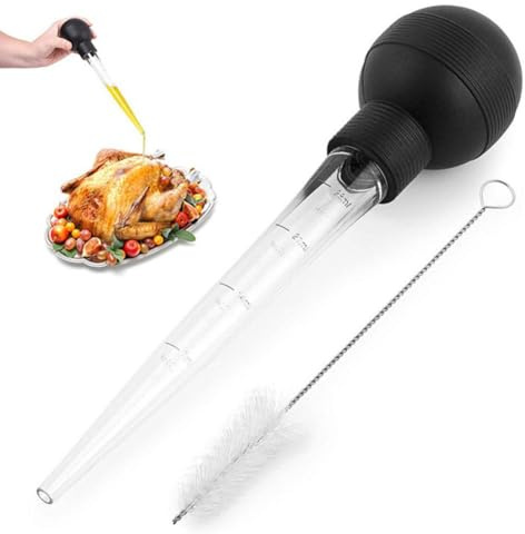 Turkey Baster Set, 11.6 inch Large Turkey Baster with Cleaning Brush, Powerful Bulb Baster Syringe for BBQ Grill Baking Kitchen Cooking, Easy to Use and Clean (Black)