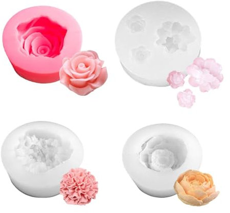 CVDYWDJIE Moldes De Flores Individuales De 3 Piezas Y Moldes De Flores Triples De 1 Pieza, Moldes De Silicona, Moldes para Velas, Accesorios para Manualidades DIY, Moldes para Adornos Decorativos