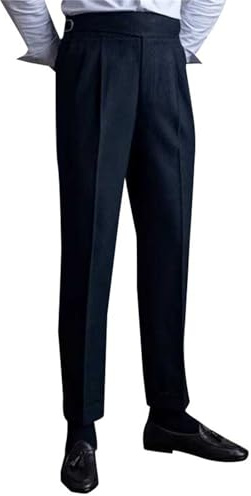 PODOLIXIA Pantaloni da uomo eleganti pantaloni da uomo a vita alta piegati sul davanti, pantaloni classici a spina di pesce, vintage, per il tempo libero, senza cintura, pantaloni Napoli, Nero , 38