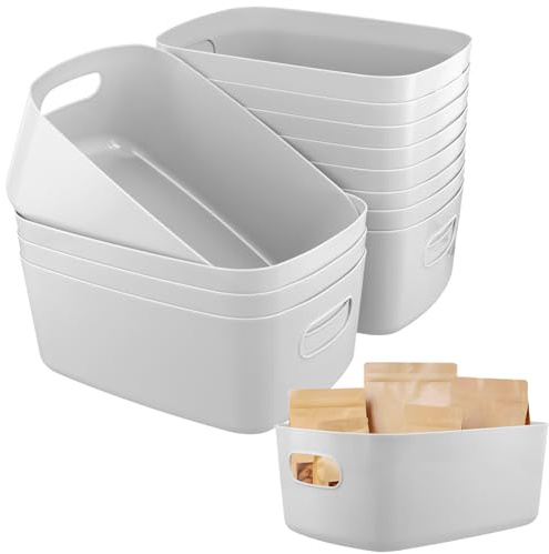 FUNSUEI 12 Stück Aufbewahrungsbox Kunststoff Grau, 24,5 x 18 x 10 cm Aufbewahrungskorb Plastik mit Giff, Kunststoffboxen Organizer Box Stapelbar für Badezimmer, Wohnzimmer, Küche, Büro