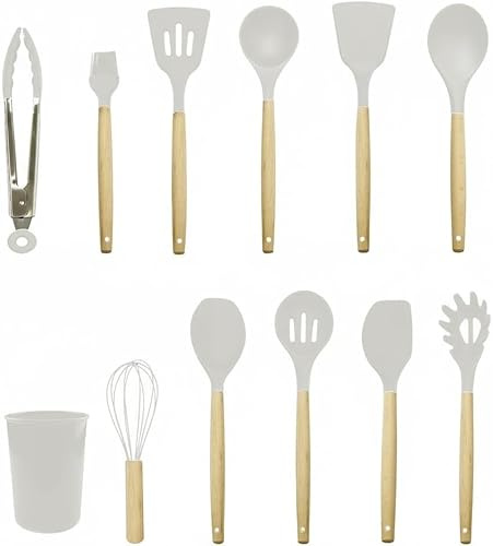 AEX Kitchen Cooking Utensils Set, 12 Pcs Non-Stick Silicone Cooking Kitchen Utensils Spatula Set with Holder, Wooden Handle Heat Resistant Silicone Kitchen Gadgets Utensil Set (Beige)