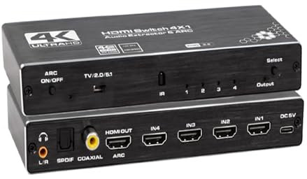 4 Ports 4K HDMI Switch Audio Extractor with Optical Toslink SPDIF/Coaxial / 3.5mm L/R Audio Out, 4 in 1 Out HDMI 2.0b Switcher with Remote Control Support ARC, HDR, HDCP 2.2, 18Gbps, 3D