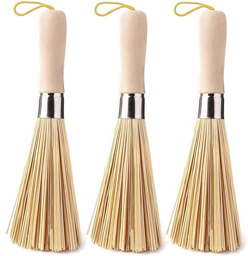 3 Pack Traditional Natural Bamboo Wok Brushes, Kitchen Cleaning Brush, Bamboo Kitchen Pan Brush, for Cleaning Dishes, Cast Iron Pots, Pans, Vegetables and Sink,Vegetable Brush