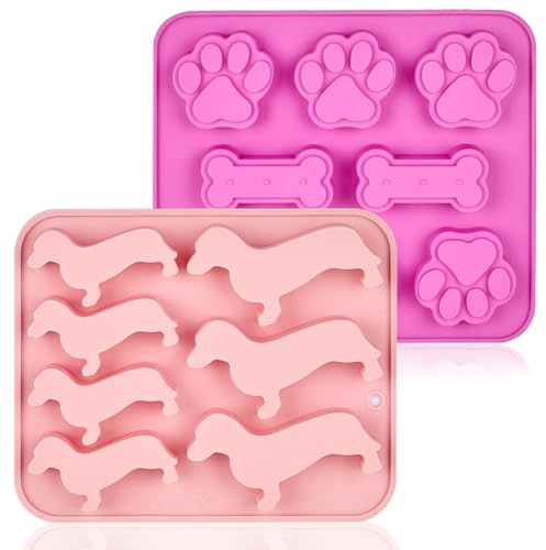 2 Pack Sausage Dog Ice Cube Tray, Dachshund Gifts for Pet Lovers, Dog Themed Silicone Moulds for Baking, Chocolate, Treat Moulds, Dogs Paw and Bone Silicone Molds