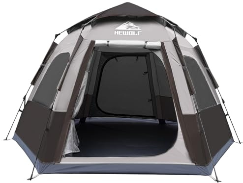 Hewolf Campingzelt für 2/3/4 Personen – sofortiges Pop-Up-Zelt mit 2 Türen, einfacher Einrichtung, sechseckiges Kuppeldesign für Familie, Wandern und Reisen (grau)