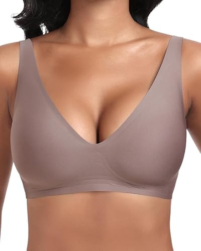Jiuday Tiefer V Push Up BH Damen ohne Bügel Bequemer Jelly BH für Große Brüste Starker Halt Seamless Soft Bra Bügelloser Gepolstert Nahtloser Glatter Bralette (Kaffee,M)