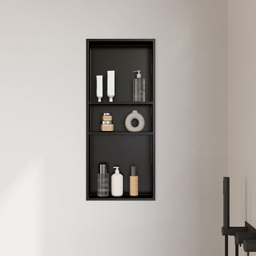 DeerValley Stainless Steel Niche for Shower Wall，NO Tile Needed Recessed Wall Niche Shelf for Bathroom Storage Cabinet，3-Tier Shelves (Black，13 * 31 in)
