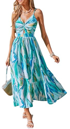 CUPSHE Maxi Dresses for Women V Neck Beach Tropical Sleeveless Casual Cutout Twisted Side Split Sun Dress Summer Formal Dress Pool Blue