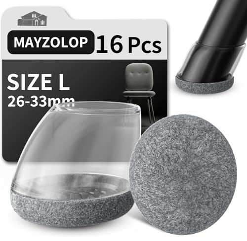 MAYZOLOP 16 Pezzi Gommini per Sedie Rotondi Ø26-33mm, Feltrini Sedie in Siliceno con Feltro Grigio per Piedini Inclinati 15-25°, Antiscricchiolio e Antigraffio per Pavimenti Duri, Trasparenti