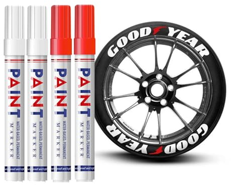Altaroo 4 Stück Reifenstift, Reifen Stift Weiß Rot, Reifen Stift Weiß Wasserfest, Reifenstift Weis Wasserfest für Auto Motorrad Reifen, Glas, Metall, Gummi