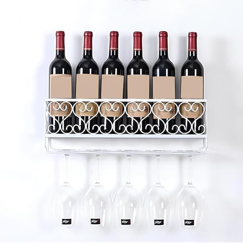 JCVCCV Metal Black Wall Hanging Mounted Stemware Rack Holder Glassware Drying Storage Hanger 50x10cm/19.6x6.6in Hold Up To 6 Bottles Wine And 6 Cups Glasses(White)