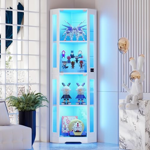 BROTTAR 65 Corner Glass Display Cabinet with LED Lights, 4-Tier Showcase Display Case with Glass Doors & Human Body Sensor, Curio Cabinet for Collectibles, Figure, Liquor, White