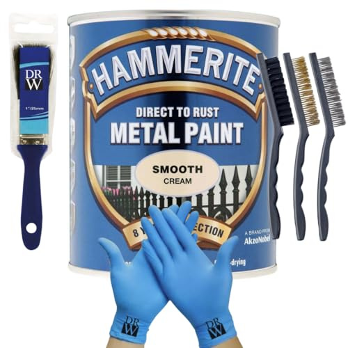 DRW Hammerite Direct to Rust Metal Paint Smooth Cream 250ml 1 Paint Brush, 3 Wire Brush Set & Free Nitrile Gloves | Durable Rust Protection for Indoor & Outdoor Metal