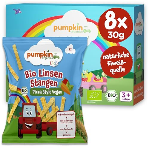 Pumpkin Organics Kindersnack Bio Linsen Stangen Pizza Style Vegan (8er Pack) ohne Zusatzstoffe - Knabbersnack für Kinder 3+ Jahre (8x30g)