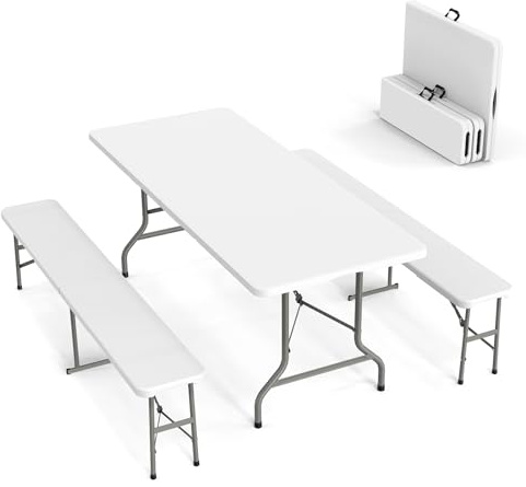 Bonnlo Bierzeltgarnitur klappbar 3-teilig, Biertisch & 2 x Bierbank aus Kunststoff, Biertischgarnitur wetterfest mit Tragtasche, Gartenmöbel Set für Innen & Außen, 183 × 76 × 74 cm, Weiß