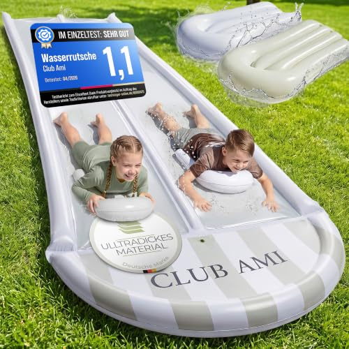 CLUB AMI Wasserrutsche Garten für Kinder | reißfestes Premium-PVC-Material | inkl. 2 Bodyboards | Doppel-Bahn mit Sprinkler | 580x153 cm