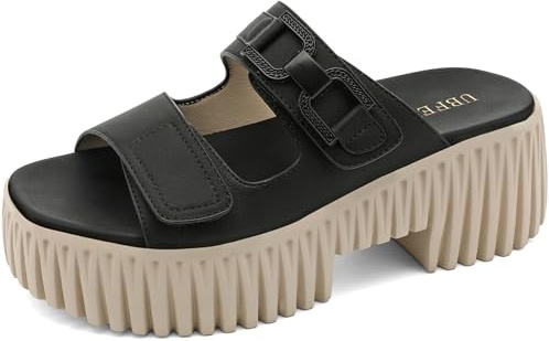 UBFEN Women Thick-Soled Wedge Sandals With Adjustable Double Straps Square Open-Toe Design Perfect for Outdoor Casual Wear Black Size US 9