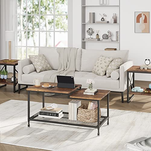 Garvee Mesa de Centro Industrial de 2 Niveles para Sala - Estilo rústico Vintage con Estante de Malla metálica - Estructura Resistente - Rectangular, fácil de Montar, Ideal para salón o Espacios
