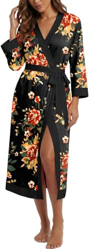 PrinStory Bademantel Damen Lang 3/4 Ärmeln Morgenmantel Leichter V-Ausschnitt Kimono Roben Nachtwäsche Mit Bund