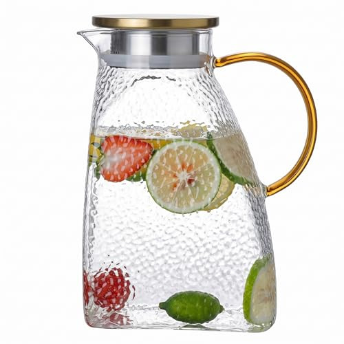 Brocca in vetro borosilicato con coperchio e manico 1500 ml – Corpo stretto salvaspazio per bevande calde o fredde Brocca per tè freddo per frigorifero