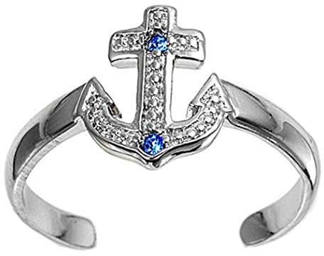 7K Zehenring aus 925 Sterling Silber als Fußschmuck für Damen, Herren und Mädchen, Größenverstellbar, Blauer Zirkonia Anker
