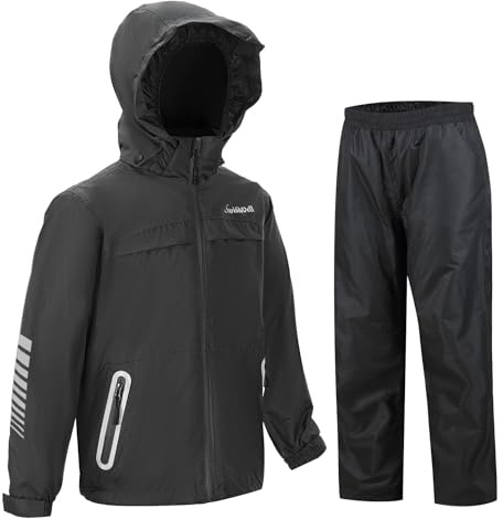 SWISSWELL Kids Rain Gear Boys Girls Youth Waterproof Rain Suit Breathable Reflective Raincoat and Pants Black 10-12 Years