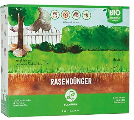 Plantura Bio-Rasendünger Frühjahr/Sommer, 100% organischer Langzeitdünger für sattgrünen Rasen, 3 Monate Wirkung, gesunder Rasen verdrängt Moos & Unkraut, staubarmes Granulat, 3 kg für 70 m²