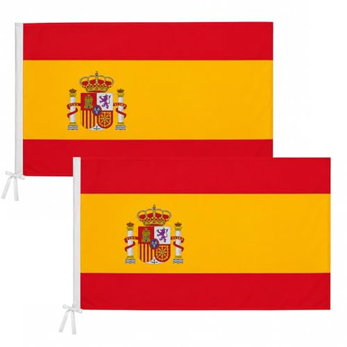 Bandera de España Grande Pack de 2 Banderas de España Grande 90 x 145 cm Bandera Balcón Resistente Impermeable Bandera con Escudo Bandera Española