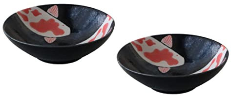 Cuenco japonés de arroz de cerámica Mino-yaki, juego de 2 cuencos, 14,5 cm, diseño de carpa roja, color negro, fabricado en Japón