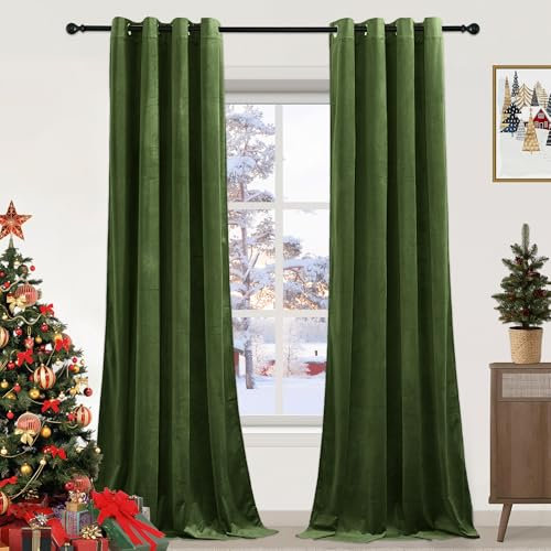 PONY DANCE Olive Green Velvet Curtains - 1 Pair of Luxury Curtains & Drapes Elegant Home Decor Window Treatment for Nursery Room/Girls Bedroom, Thermal Blackout Curtains 52x84