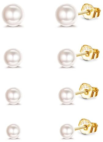 ORAZIO 4 Paar Perlen Ohrstecker Silber 925 Runde Kugelperlen Gemischte Größen 4-7 mm Ohrstecker Hypoallergen Süßwasserperlen Ohrringe Set für Mädchen Frauen