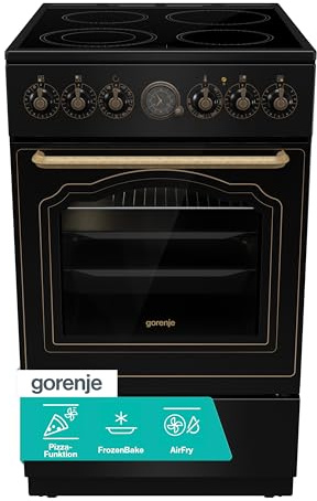 Gorenje Classico GECS 5B70CLB - Estufa eléctrica con vitrocerámica, diseño retro, 50 cm, 70 litros, cierre suave, calentamiento rápido, AirFry, ExtraSteam, modo de pizza, AquaClean, color negro