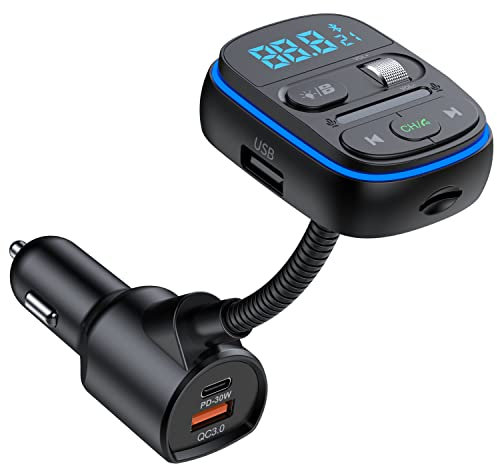 FM Transmitter Auto Bluetooth, HIDOU Wireless Bluetooth 5.0 Autoradio Adapter Empfänger Car Kit mit Bass, 7 Farblicht, QC3.0 PD 30W Schnellladung, Siri Voice Assistant, Freisprechanruf, MP3-Player