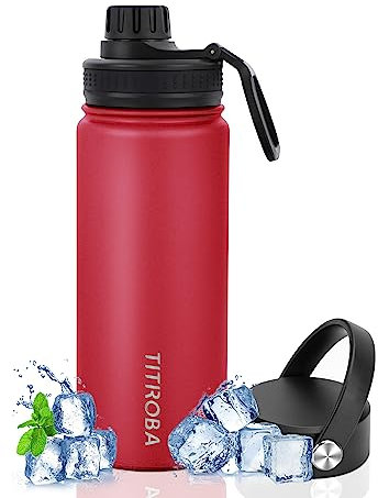 TITIROBA Edelstahl Trinkflasche 600ml Auslaufsicher Thermosflasche BPA Frei Isolierflasche Vakuum Doppelwand Isolierung Rot