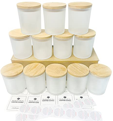 CONNOO 12er Set 10oz Weiße Mattierte Glas-Kerzengläser mit Bambusdeckel | mit Bambusdeckel, Leere Kerzenbehälter für DIY Kerzenherstellung, Wiederverwendbare Kerzendosen für Zuhause & Geschenke