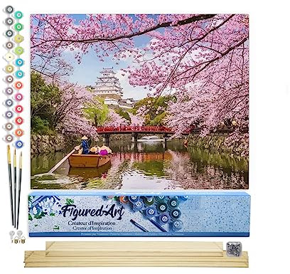 Figured'Art Peinture par Numéro Adulte Fleurs de cerisiers au Japon - Activité Manuelle Kit de Loisir Créatif DIY Numéro d'Art Complet - 40x50cm avec châssis en bois à monter
