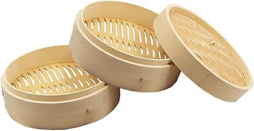Natural Bamboo Steamer Basket - 2-3 Piece Set Dim Sum Bamboo Steamers, Great for Asian Cooking (Color : 2+1, Size : 28cm/11.02inch)
