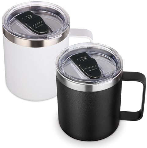 Volhoply 410 ml isolerad rostfritt stål kaffemugg med läcksäckt lock, 2-pack, dubbelväggsvakuum reskaffemugg med handtag, campingmugg håller varm/kall (Blandade färger, 2)