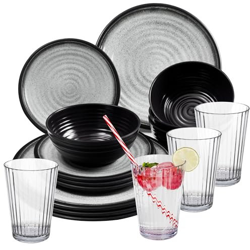 Vaisselle en mélamine pour 4 personnes - Gris aspect granit - 16 pièces - Avec verres transparents de 580 ml - Vaisselle de camping - Passe au lave-vaisselle - Vaisselle de camping - Vaisselle de