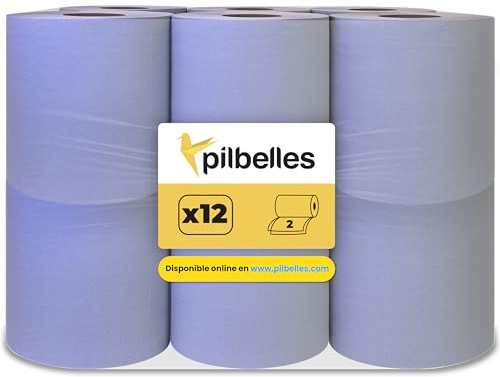 PILBELLES Bobina Papel Secamanos Mecha 12 Rollos Color Azul | Rollos de Papel Secamanos Pasta Laminado, Extra Suave, Doble Capa