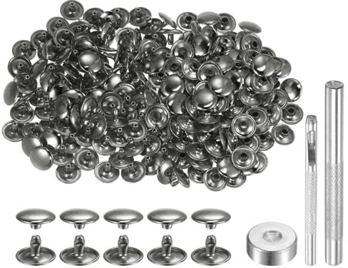 sourcing map Set di 100 rivetti per pelle, 8 x 12 mm, in metallo, a doppio tappo, bottoni a pressione con 3 strumenti di regolazione, rivetti per artigianato in pelle, decorazione fai da te,